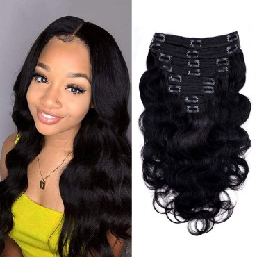 Body Wave Clip in Hair Extensions for Black Women Body Wave Human Hair Clip in Hair Extensions Natural Black Color Full Head Brazilian Virgin Hair?8/Pcs with 18Clips,120 Gram (16inch, Body hair)