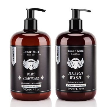 ISNER MILE Beard Wash and Conditioner Set 17 oz New Beard Formula with Biotin Argan & Jojoba Oils Smooth Soften Strengthen Beard Shampoo with Beard Oil Conditioner Gifts for Men
