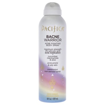 Pacifica Beauty Bacne Warrior Acne Fighting Body Spray for Body and Back, 2% Salicylic Acid, Niacinamide, Cucumber & Aloe, Sensitive Skin Approved, 100% Vegan and Cruelty Free, Clear, 6 Fl Oz