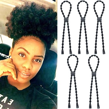 AICILY 5PCS Natural Hair Ties Afro Puff Ponytail Tie Adjustable Length Hairband for Short Kinky Curly Hair Bun Long Cushioned Headband Ties for Women with Thick, Braided, Natural Hair,No-Slip Design