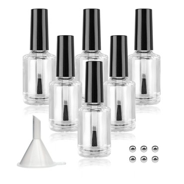 Agidea Empty Nail Polish Bottles with Brush Cap, 15ml Empty Glass Refillable Nail Polish Bottles with Mixing Agitator Balls & Funnels, Pack of 6