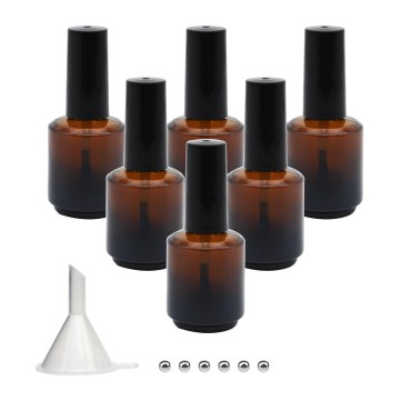 Agidea 6PCS Empty Nail Polish Bottles Amber 15ML/0.5 oz, Empty Dark Glass Refillable Nail Polish Bottles with Brush & Mixing Balls & Funnels,Brown