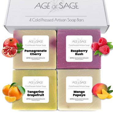 Age of Sage Natural Soap Set for Women - Handmade Soap Gift Set w/Essential Oil - 4pk Fruity Scents: Mango Papaya, Pomegranate Cherry, Raspberry Rush, & Tangerine Grapefruit