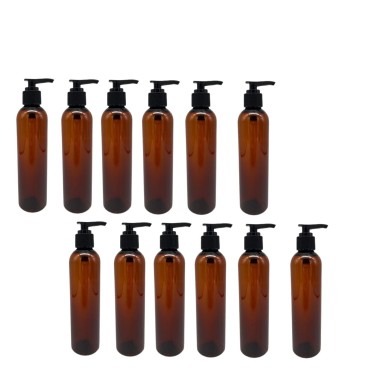 Natural Farms 12 Pack - 8 oz - Empty Squeeze Plastic Bottle - Amber Cosmo with Black Pump - for Essential Oils, Perfumes, Cleaning Products