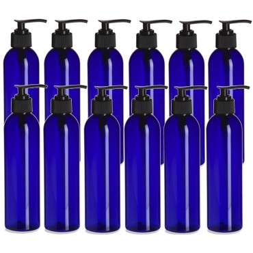 Natural Farms 12 Pack - 8 oz - Empty Squeeze Plastic Bottle - Cosmo Blue with Black Pump - for Essential Oils, Perfumes, Cleaning Products