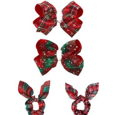 2 Pcs 5.5 inch Christmas Hair Bow Clips and 2 Pcs Cute Rabbit Ears Hair Scrunchies, Handmade Alligator Clip Hair Bowknot Clips Plaid Ponytail Holders Ideal Gift for Christmas