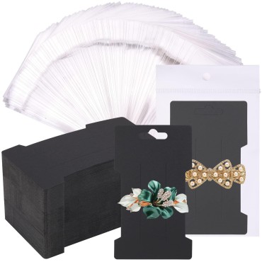 CEE 150 Pcs Hair Clip Display Cards with Self- Seal Bags, Hair Bow Holder Cards Rectangular Hair Barrettes Jewelry Display Holder Black Paper Cardboard for Hair Accessories Display and Organizing