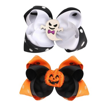 Kids Halloween Hair Bows Novelty 2 Layers Bowknots Boutique Alligator Hair Clips Ghost Pumpkin Hair Accessories for Girls Teens Party Supplies