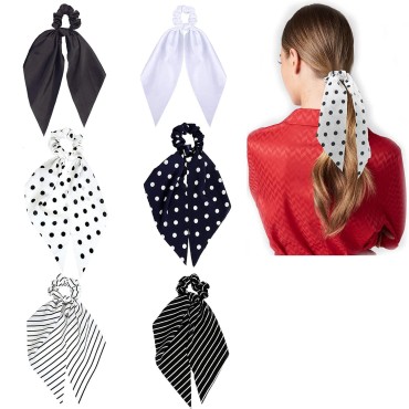 Hair Scarf Scrunchies Black White Hair Ribbon Ties Scrunchie Tail Silk/Chiffon Solid Color/Polka Dot/Strip Knotted Bowknot Long Bow Ponytail Holder Hair Elastic Bands Hair Accessories for Women Lady (6PCS)