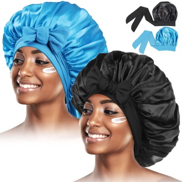 2Pcs Satin Bonnet for Black Women,Satin Hair Tie Bonnet,Jumbo Curly Hair Silky Bonnet,Soft Head Scarf Wrap Hair Bonnet with Tie Band,Adjustable Braids Bonnet Sleep Cap for Long Curly Hair(Black&Sky Blue)