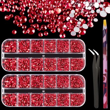 3440PCS 6 Sizes Red Glass Crystal Kit with Pickup Pen + Tweezer Tools for Iridescent Shine Nail Art Manicure Makeup DIY Deco Flatback Round Bead Rhinestone Gem Jewelry Diamond