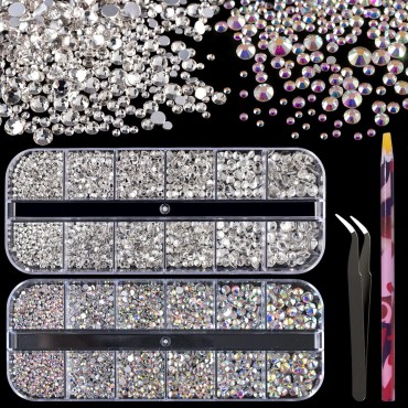 3440pcs 6 Sizes Transparent White and AB Glass Crystal Kit with Pickup Pen + Tweezer Tools for Iridescent Shine Nail Art Manicure Makeup DIY Deco Flatback Round Bead Rhinestone Gem Jewelry Diamond