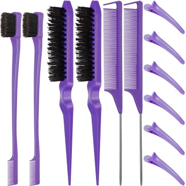 12 Pieces Hair Brush Set, Nylon Teasing Hair Brushes 3 Row Salon Teasing Brush, Double Sided Hair Edge Brush Smooth Comb Grooming, Rat Tail Combs with Duckbill Clips for Women Girls (Purple)
