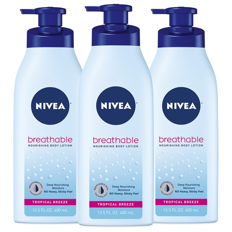 NIVEA Breathable Nourishing Body Lotion Tropical Breeze, Body Lotion for Dry Skin, Pack of Three 13.5 Fl Oz Pump Bottle