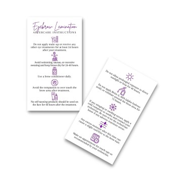 Brow Lamination Aftercare Card | 50 Pack | 2x3.5” inches Business Card Size | Starter Lift Kit At Home DIY Brow Lift and Tint | Snatched Brows White with Purple Design