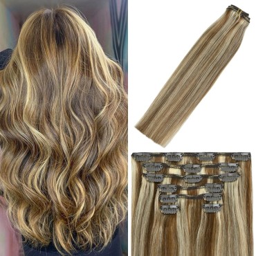 Clip in Hair Extensions Human Hair Balayage Medium Light Brown to Blonde Hair Extensions 70g 22Inch #6P613 7PCS