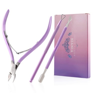 Cuticle Trimmer with Cuticle Pusher and Cutter-YINYIN Cuticle Nipper Professional Stainless Steel Cuticle Clippers Durable Pedicure Manicure Tools for Fingernails and Toenails(Purple)