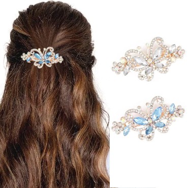 Brinie Butterfly Hair Barrettes Blue Crystal Hair Clips Rhinestone Hair Barrettes Clips Automatic French Barrettes Headwear Hair Accessories for Women and Girls (Pack of 2) (Set2)