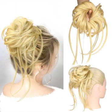 HOOJIH Messy Bun Hair Piece, Super Long Tousled Updo Hair Bun Extensions Wavy Hair Wrap Ponytail Hairpieces Hair Scrunchies with Elastic Hair Band for Women HB007 Grace - Warm Blonde Mixed