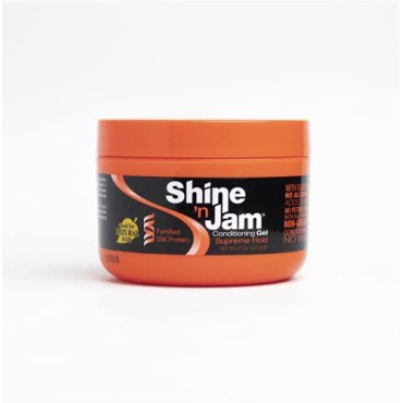 Ampro Shine-n-Jam Supreme Hold - Conditions Hair with Olive Oil and Silk Protein - Great for Smoothing Fringe, Ponytails, and Up-dos - Firms Tresses with Non-Greasy Shine - 8 oz