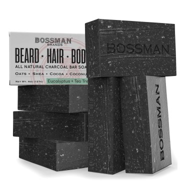 6 Pack Bossman Mens Bar Soap 4-in-1 Natural Organic Beard Wash, Shampoo, Body Wash, Shaving and Bath Soap - Essential Beard Care, Scent- Eucalyptus and Tea Tree