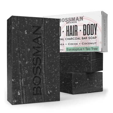 3 Pack Bossman Mens Bar Soap 4-in-1 Natural Organic Beard Wash, Shampoo, Body Wash, Shaving and Bath Soap - Essential Beard Care (4oz), Scent- Eucalyptus and Tea Tree
