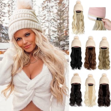 Qlenkay Beanie Hat with Long Wavy Curly Hair Extensions Knit Thick Lined Cap Attached 20in Synthetic Wig Detachable Hairpiece Warm Pom for Women Winter Natural Black