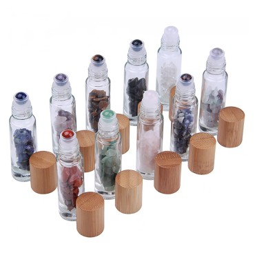 MrMrKura 10ml Roller Bottles for Essential Oils with Crystal Chips, Gemstone Roller Balls, Glass Roll On Bottles Perfume Travel Sample Bottles 10 PCs (Bamboo Lids)