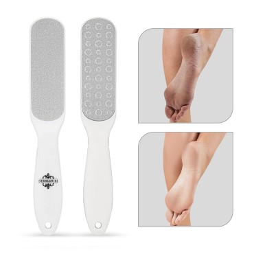 Dermasuri Double Sided Stainless Steel Foot File - Coarse and Fine Grit - Callus Remover, Cracked Heel Repair, Professional Foot Care Tool - Pedicure Rasp for Wet and Dry Feet