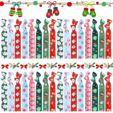 32 Pieces Christmas Ribbon Hair Ties Elastic Hair Ties No Crease Ponytail Holders Ribbon Santa Snowman Printed Knotted Ponytail Ribbon Hair Band for Women Girl