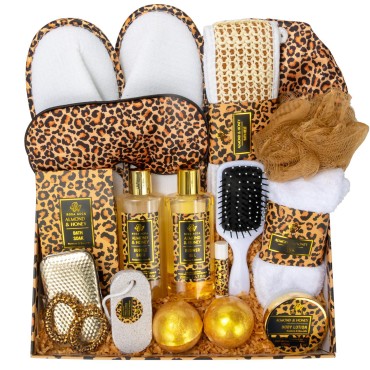Bath Gift Set for Women and Men, Gift Baskets for Women, 20 Pcs Set Honey & Almond Leopard Spa Gift for Valentines Day Mothers Day Birthday, Home Spa Kit Gift Set for Christmas