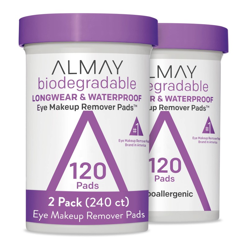 Almay Biodegradable Longwear & Waterproof Eye Makeup Remover Pads, Hypoallergenic, Cruelty Free, Fragrance Free Cleansing Wipes, 2 Pack