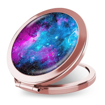 iampanda Compact Rose Gold Mirror for Women,Round Mini Pocket Makeup Mirror for Purse,Cool Portable Folding Travel Mirror with 2X Magnifying (Blue Purple Galaxy Nebula)