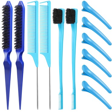 12 Pieces Hair Brush Set, Nylon Teasing Hair Brushes 3 Row Salon Teasing Brush, Double Sided Hair Edge Brush Smooth Comb Grooming, Rat Tail Combs with Duckbill Clips for Women Girls (Blue)
