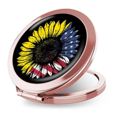 iampanda Compact Rose Gold Mirror for Women,Round Mini Pocket Makeup Mirror for Purse,Cool Portable Folding Travel Mirror with 2X Magnifying (Sunflowers American Flag)
