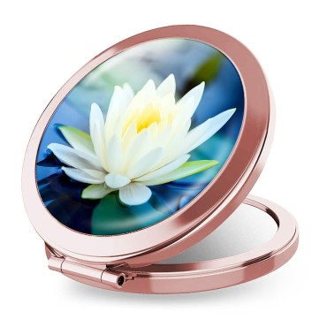 iampanda Compact Rose Gold Mirror for Women,Round Mini Pocket Makeup Mirror for Purse,Pretty Folding Travel Mirror with 2X Magnifying (Beautiful Lotus Flower)
