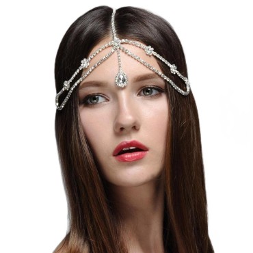 Xerling Shiny Rhinestone Headpiece Bling Crystal Teardrop Head Chain for Women Dainty Headwear Head Accessories for Wedding Bridal Halloween Costume (Gold)