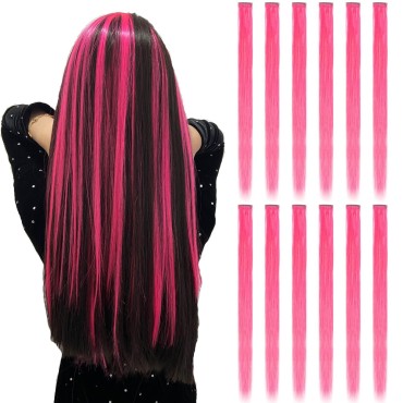 12PCS Colored Hot pink Hair Extensions Straight Mu...