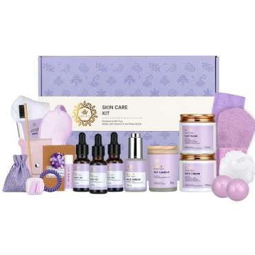 Facial Skin Care Set & Bath Spa Kit, Bath and Body At Home Spa Kit, Mothers Day Gifts Ideas, Self-care Relaxation Gift, Skin Care Collection plus essential oil, Hyaluronic Acid, Vitamin E.(Lavender)