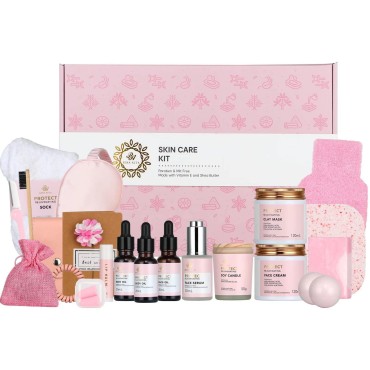 Facial Skin Care Set & Bath Spa Kit, Bath and Body At Home Spa Kit, Mothers Day Gifts Ideas, Self-care Relaxation Gift Collection plus essential oil, Hyaluronic Acid, Vitamin E(Rose) for Christmas
