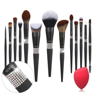 LORYP Makeup Brushes Set -13pcs Diamond Foundation Eye Shadows Eyeliner Brush Concealers Make Up Brush Set for Women (Crystal-Matte Black)