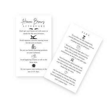 Brow Henna Aftercare & Tips Cards | Physical Printed 2 x 3.5” inches Business Card Size | Brow Artist Supplies | White Card Design
