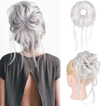 HOOJIH Messy Bun Hair Piece, Super Long Tousled Updo Hair Bun Extensions Wavy Hair Wrap Ponytail Hairpieces Hair Scrunchies with Elastic Hair Band for Women HB007 Grace - Pure Silver Gray