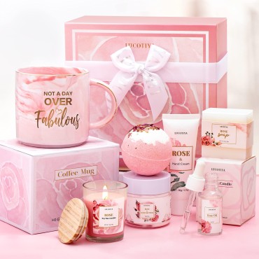 LUCOTIYA Birthday Gifts for Women Best Spa Gifts Baskets Box for Her Wife Mom Best Friend Mother Grandma Bday Bath and Body Kit Sets Self Care Present Beauty Products Package Rose Scent