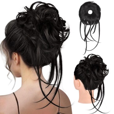 HOOJIH Messy Bun Hair Piece, Super Long Tousled Updo Hair Bun Extensions Wavy Hair Wrap Ponytail Hairpieces Hair Scrunchies with Elastic Hair Band for Women HB007 Grace - Off Black