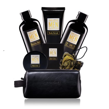 YARD HOUSE Bath and Body Spa Gift Baskets Set for Men - Sandalwood Amber - 7Pc Spa Kit w. Full Size Items in Leather Toiletry Bag - Happy Birthday Gifts Ideas For Husband, Dad From Wife, Daughter, Son