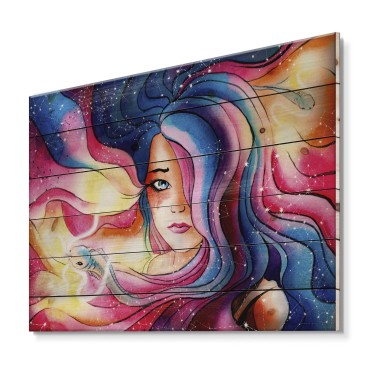 DesignQ The Girl With The Glowing Hair - Modern Print on Natural Pine Wood
