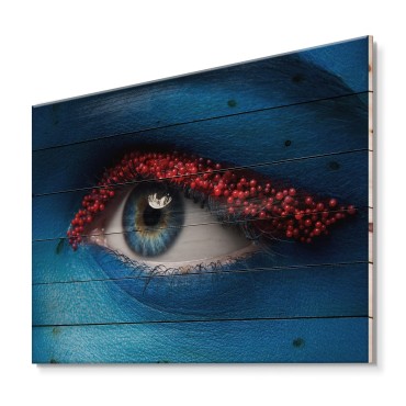 DesignQ Female Eye With Blue Paint On Face & Red Balls Modern & Contemporary Wood Wall Decor, Red Wood Wall Art, Large People Wood Wall Panels Printed On Natural Pine Wood Art