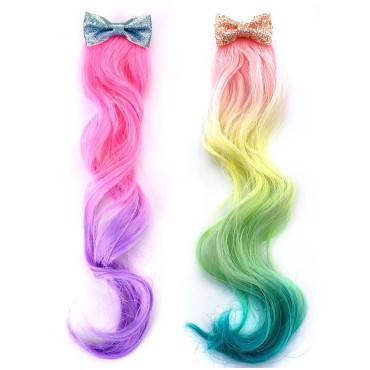 Amerla Colorful Ombre Culy Fake Hair Barrettes for Kids Ponytail Extensions Party Hair Accessories Glitter Bows Hair Clips 2 Pack