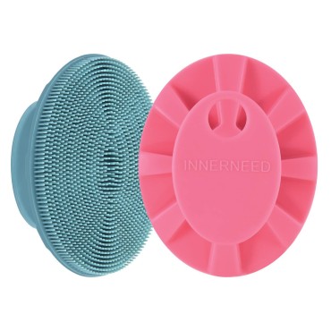 INNERNEED Silicone Face Scrubber, Exfoliating Brush Manual Handheld Facial Cleansing Brush Blackhead Remover, Food-Grade Soft Bristles (Dark Green+Pink)